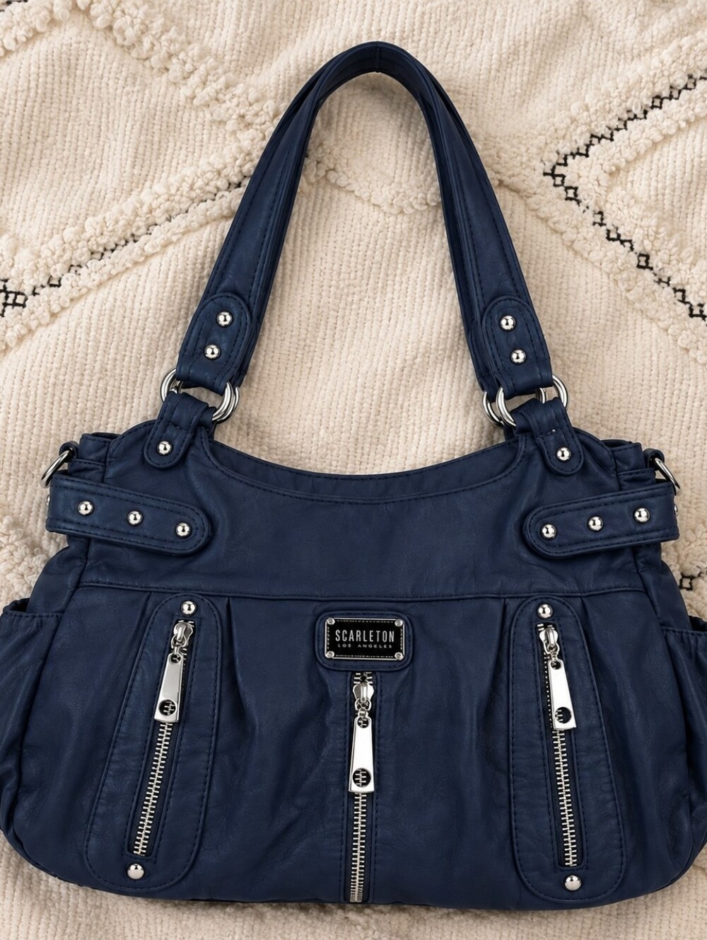 Scarleton Navy Blue Shoulder Bag | Multi Pocket Satchel | Silver Hardware